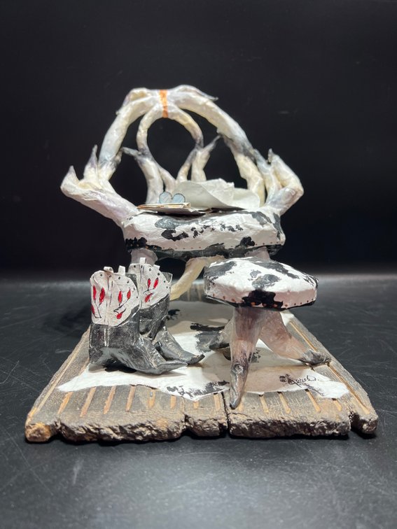 Paper Mache Sculpture With Chair, Boots, and Accessories