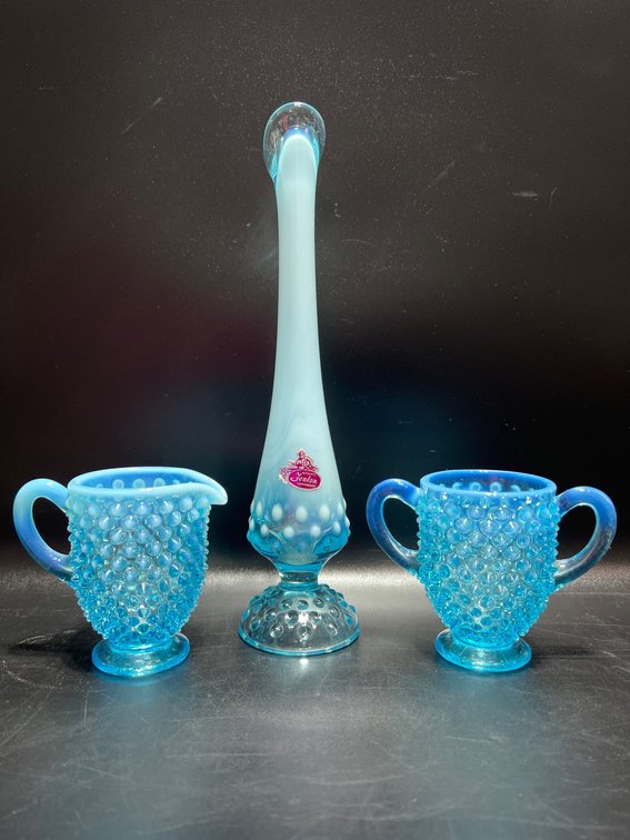 Fenton Blue Opalescent Hobnail Vase, Creamer, and Sugar Bowl Set