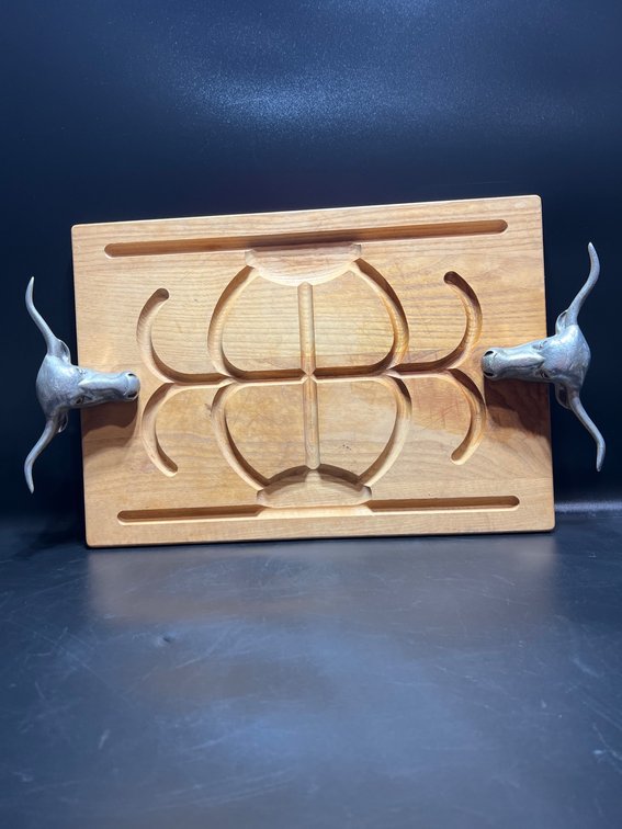 Wooden Cutting Board With Bull Head Handles and Carved Design