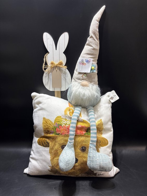 Decorative Easter Rabbit Stake, Yorkie Pillow, and Fabric Gnome Set