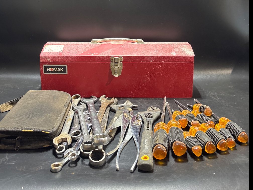 Homak Red Metal Toolbox With Assorted Hand Tools and Accessories