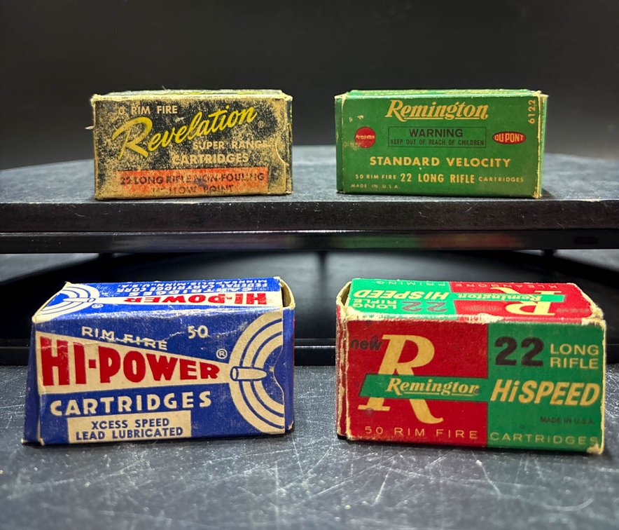 Four Vintage .22 Rim Fire Cartridge Boxes: Revelation, Hi-Power, and Remington