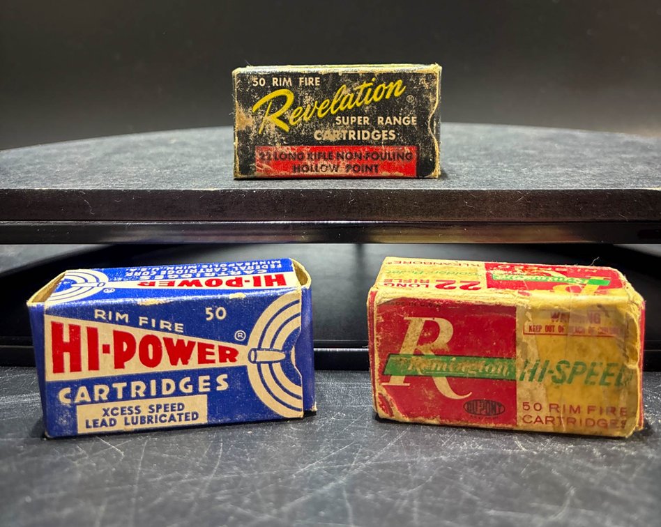 3 Vintage .22 Long Rifle Rimfire Cartridge Boxes: Revelation, Hi-Power, and Remington