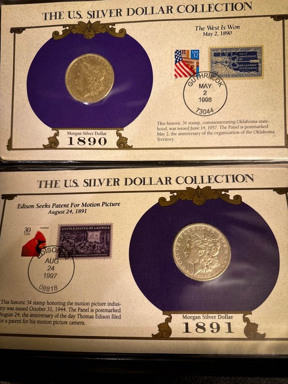 1890 and 1891 U.S. Morgan Silver Dollar Collection with Commemorative Stamps