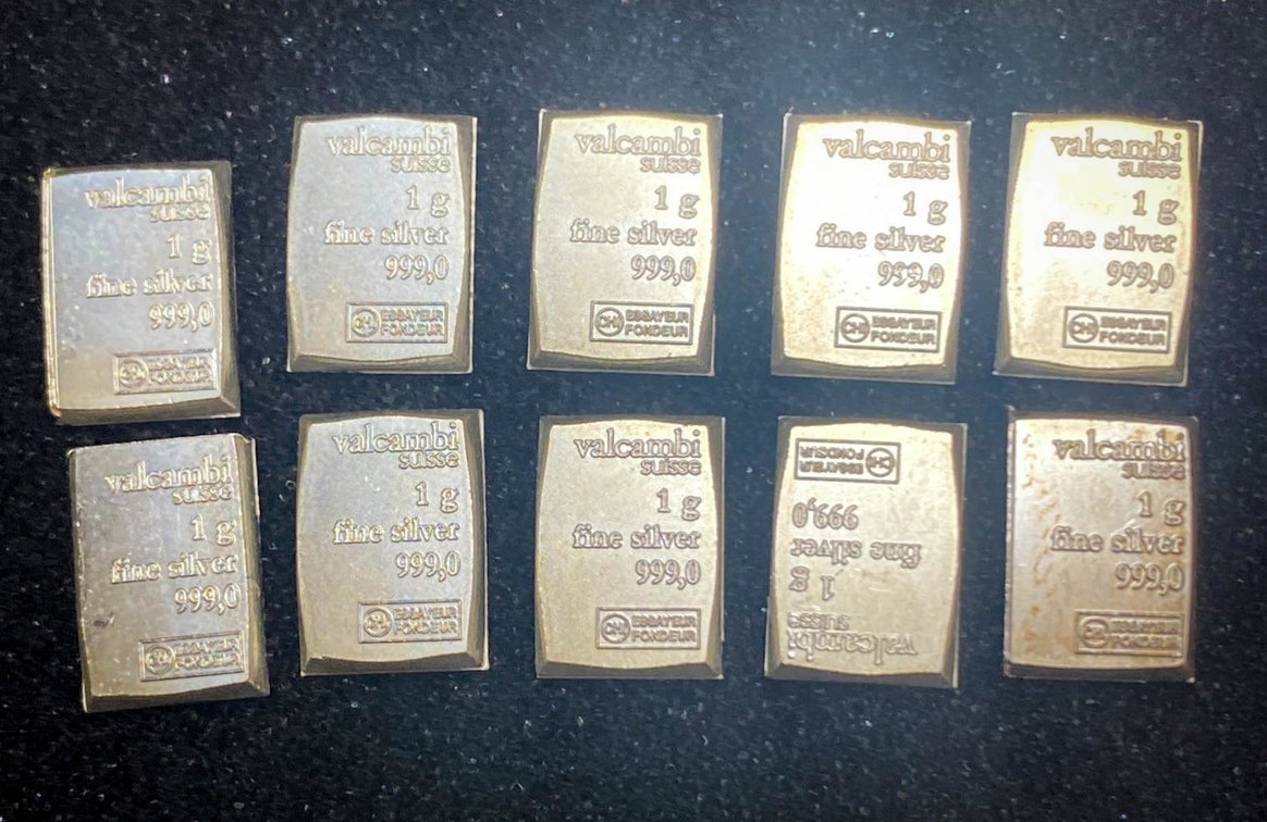 10 Valcambi Suisse 1 Gram Fine Silver Bars .999