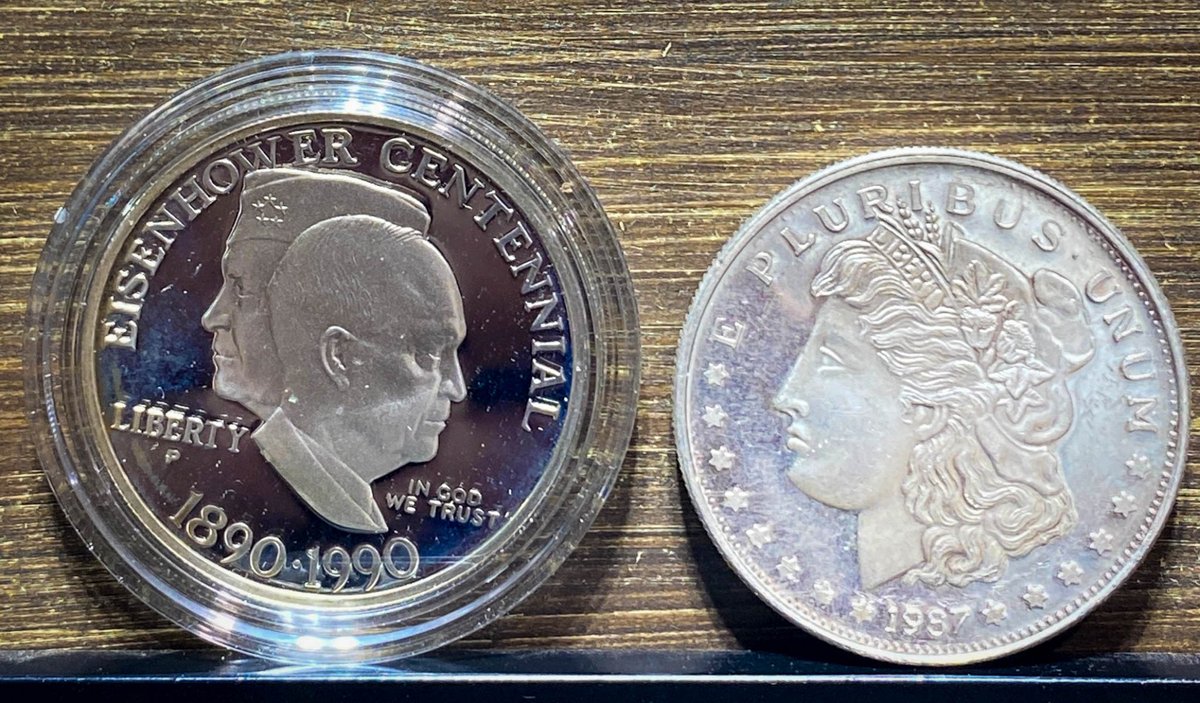 Eisenhower Centennial Silver Dollar and 1987 Morgan Silver Round