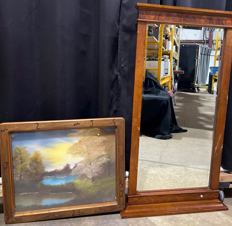 Framed 24×20 Landscape Oil Painting and 26×49 Wooden Mirror