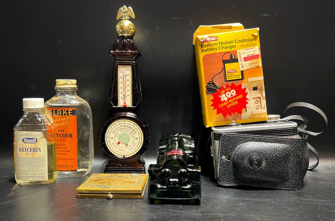 Vintage Items Including Camera, Compact, Aftershave Bottles, and Glycerin Bottles
