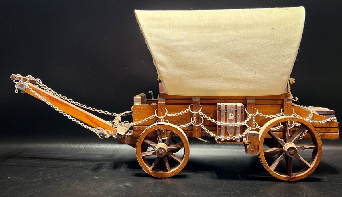 Wooden Covered Wagon Lamp with Chain Details and Fabric Canopy