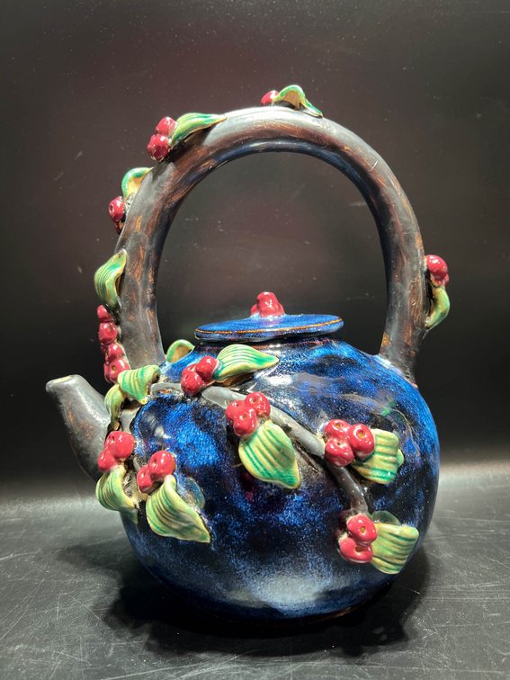 Blue Ceramic Teapot With Sculpted Red Berries and Green Leaves