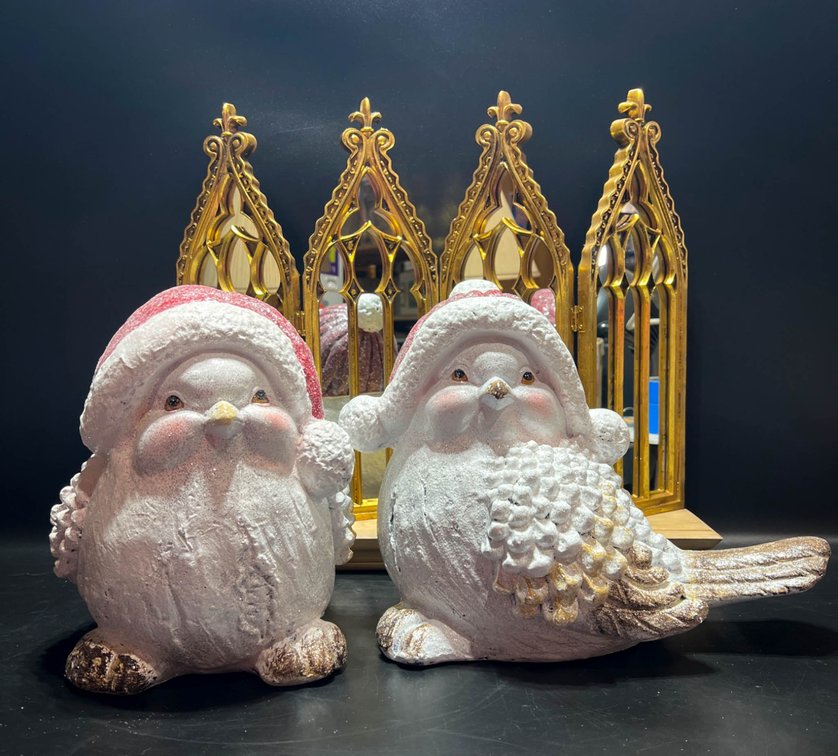 2 Bird Figurines with Santa Hats and Four-Panel Gold Gothic Style Mirror