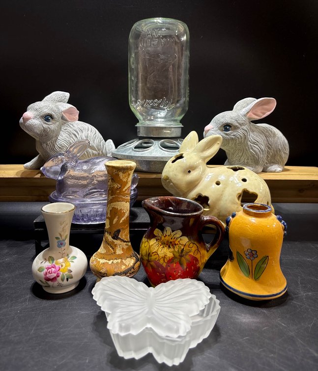 Decorative Items Including Bunny Figures, Vases, and Glassware