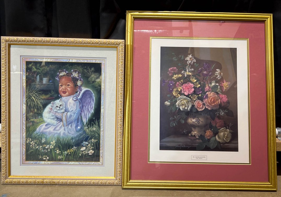 Framed Artwork Set: Angel Baby by Schimmel and Floral Print by Albert Williams