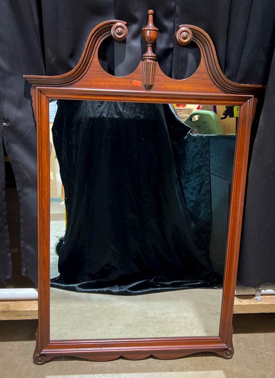 Traditional Mahogany Wall Mirror with Scroll-Top Pediment, 26×42 Inches