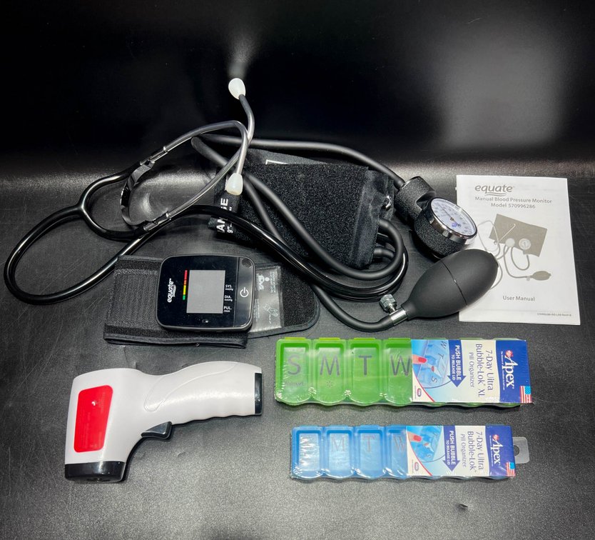 Health Monitoring Kit with Infrared Thermometer, Blood Pressure Monitor, and Pill Organizers