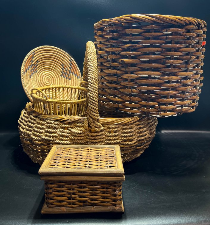 Five Woven Baskets in Assorted Styles and Sizes