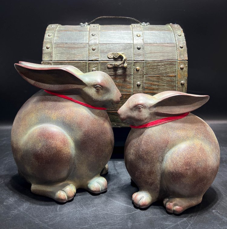 Decorative Wooden Chest and Pair of Ceramic Rabbit Figurines