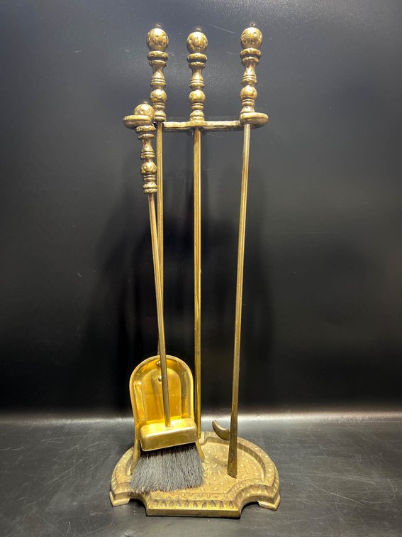 Brass Fireplace Tool Set with Stand and Three Tools