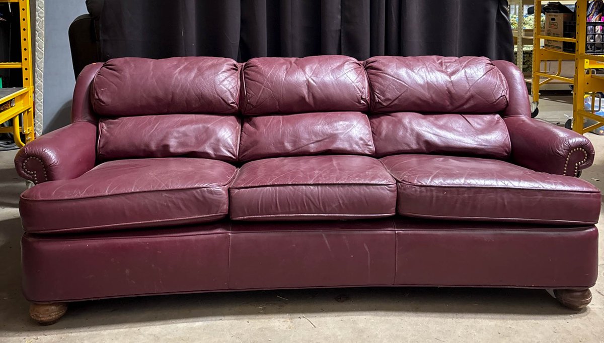 Maroon Leather Sofa with Curved Back and Rolled Arms, L=36”, W=80”, H=30”