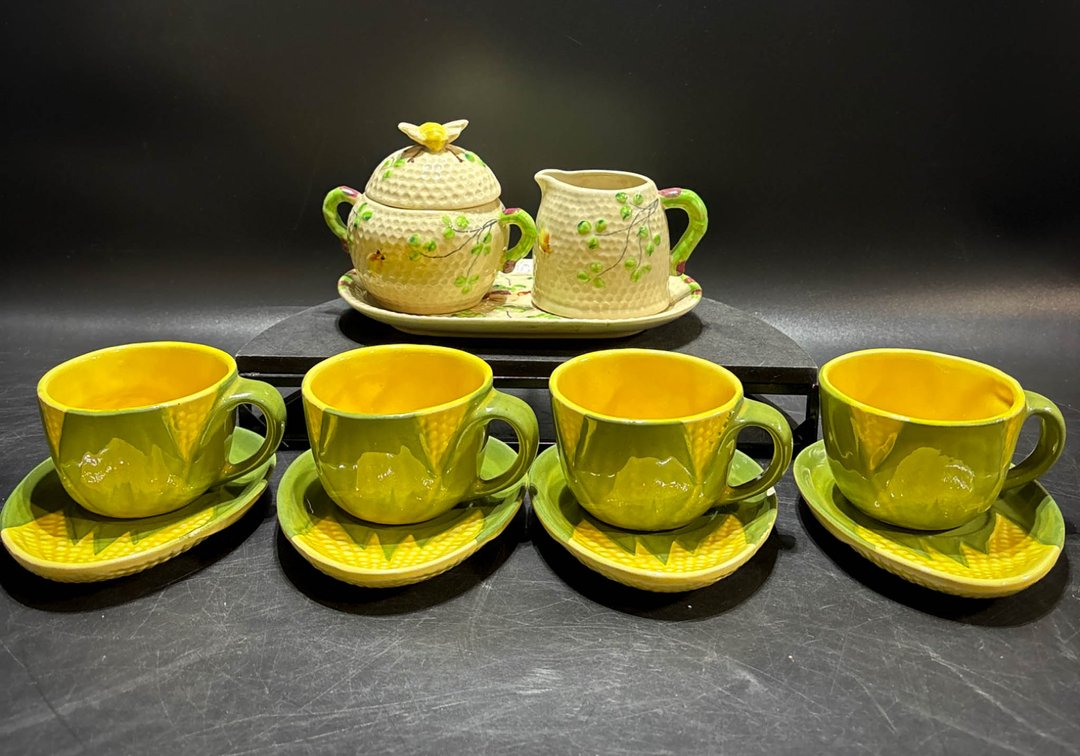 Ceramic Tableware Including Corn-Themed Cups and Floral Cream and Sugar Set