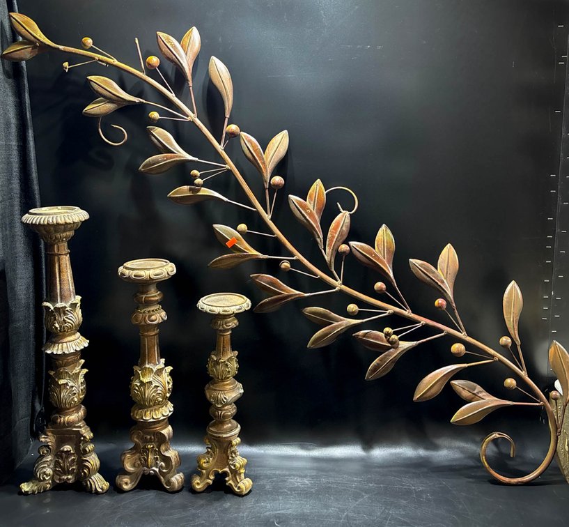 Metal Wall Decor Branch and Three Decorative Candlesticks