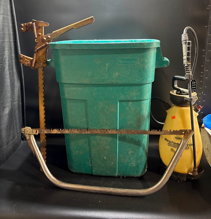 Tools Including Rusted Saw, D.B. Smith Sprayer, and Plastic Storage Bin
