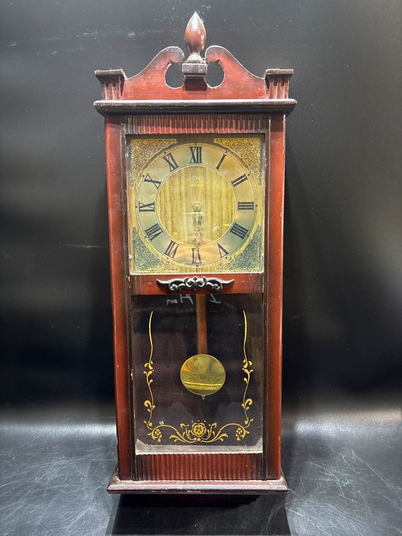 Wooden Rectangular Wall Clock with Pendulum and Glass Front