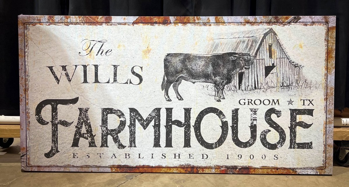 Farmhouse-Themed Decorative Wall Sign with Rustic Barn and Cow Illustration, 48×24 Inches