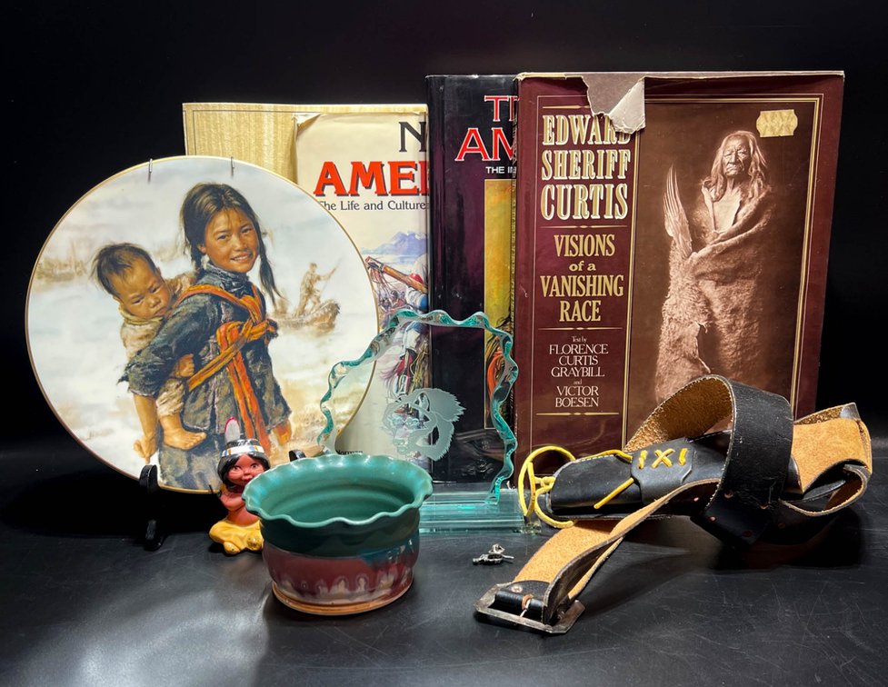 Native American-Themed Items, Including Books, Plate, and Accessories