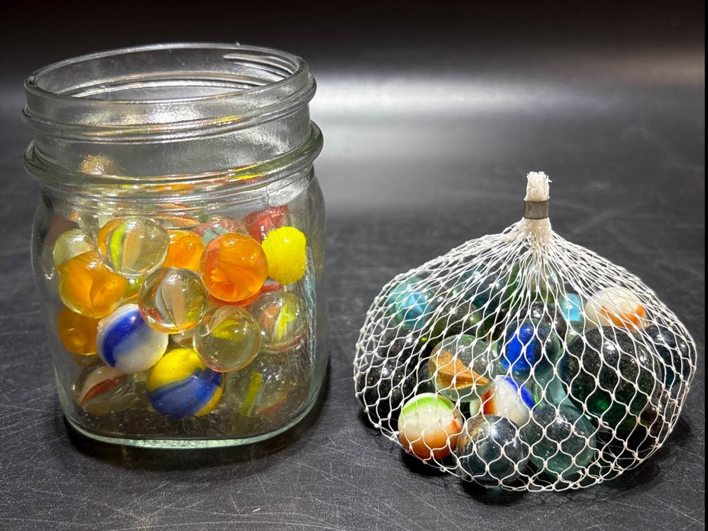 Glass Marbles in Jar and Mesh Bag