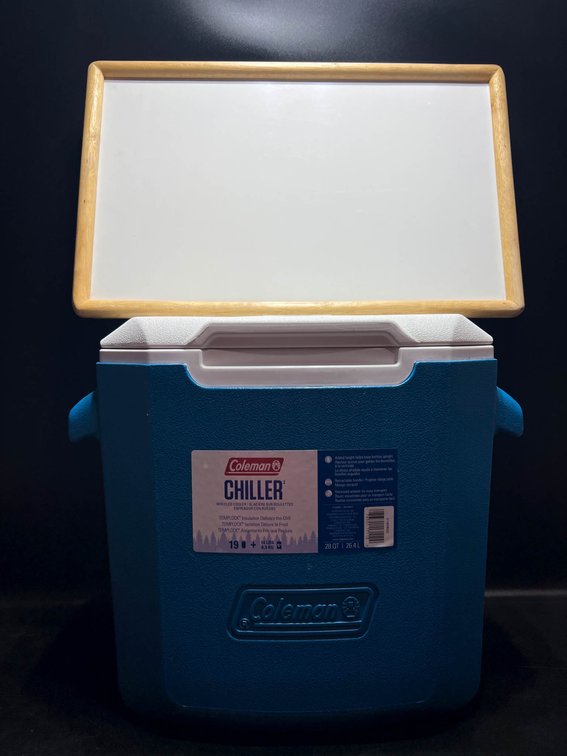 Coleman Chiller 28-Quart Rolling Cooler and Wooden Whiteboard Tray Set