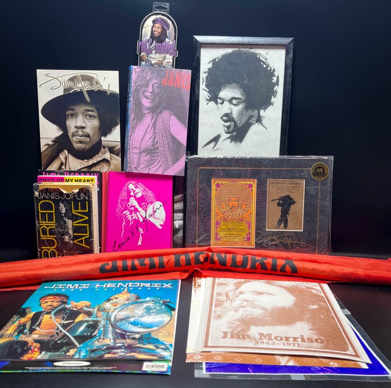 Jimi Hendrix, Janis Joplin, and Jim Morrison Memorabilia, Including Books, Posters, and Artwork