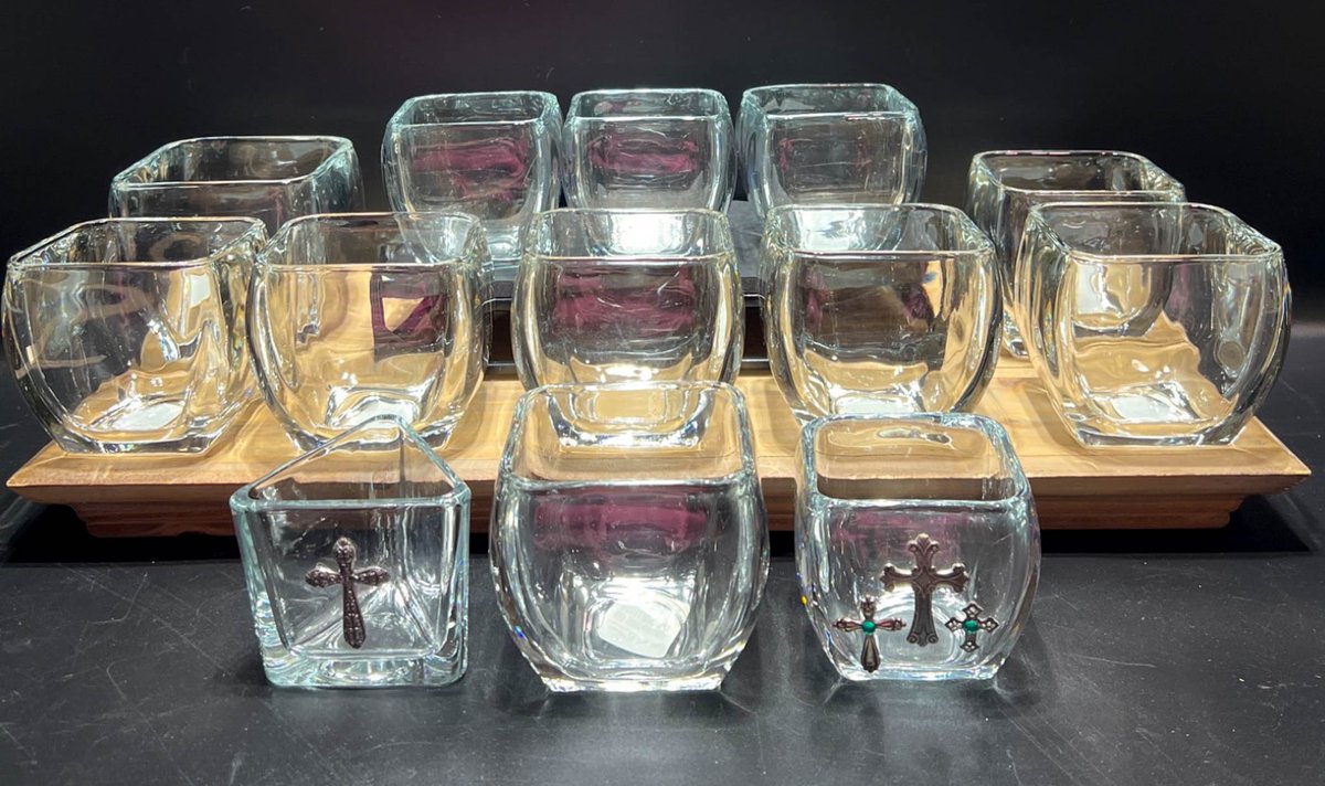 13 Decorative Glass Tea Light Holders with Cross Designs