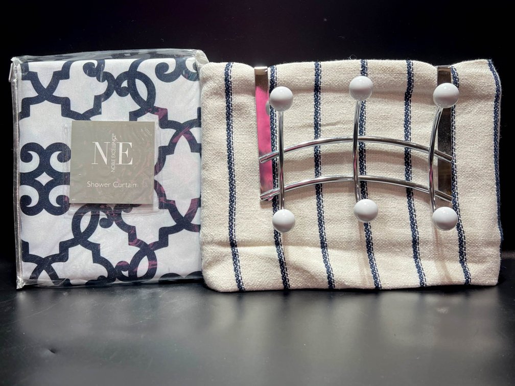 Cornelli Shower Curtain, Throw Blanket, and Metal Hook Rack Bundle