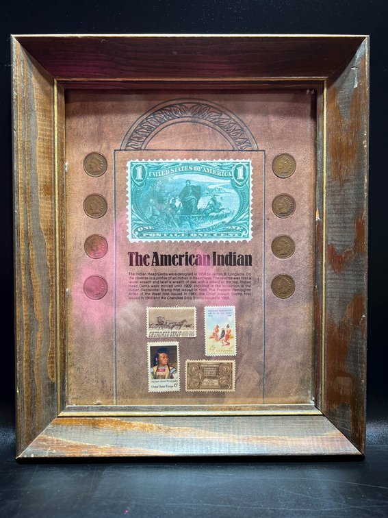 Framed Display Featuring Indian Head Pennies and U.S. Stamps – The American Indian Theme
