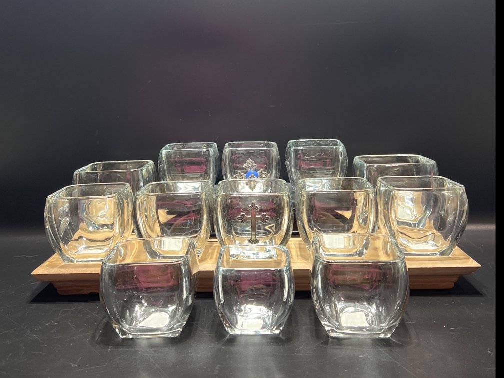 13 Glass Cups with Cross and Decorative Embellishments