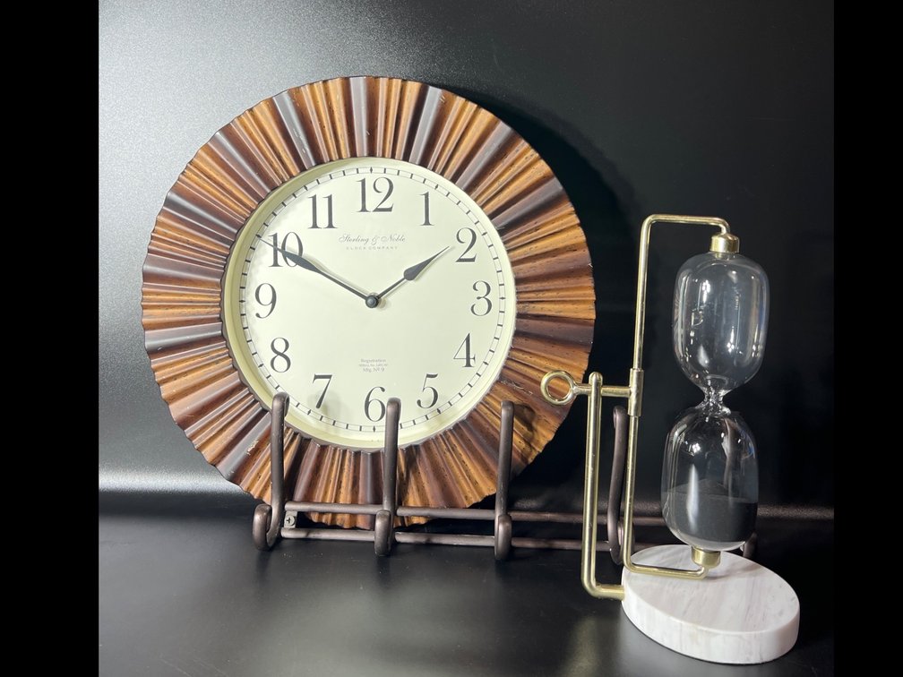 Wall Clock, Hourglass on Marble Base, and Metal Wall Hanger Set
