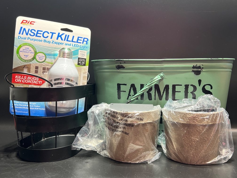 PIC Insect Killer Light, Metal Basket, Farmer’s Market Tin & Plant Pots Set