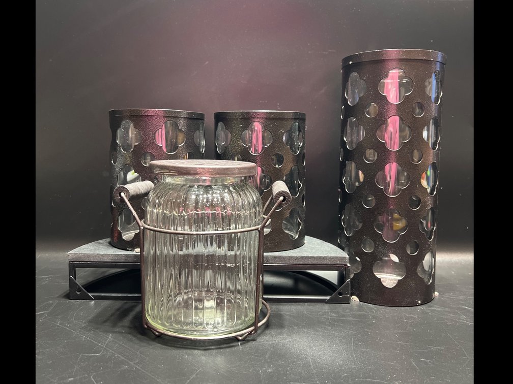 Metal Cutout Lanterns and a Glass Jar with Metal Holder