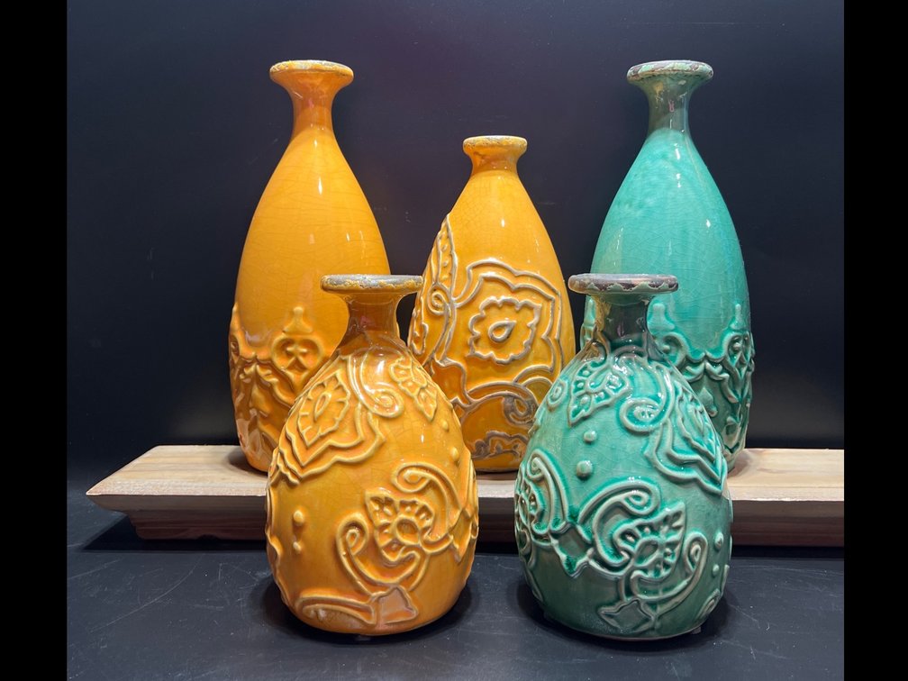 Five Embossed Ceramic Vases in Yellow and Green