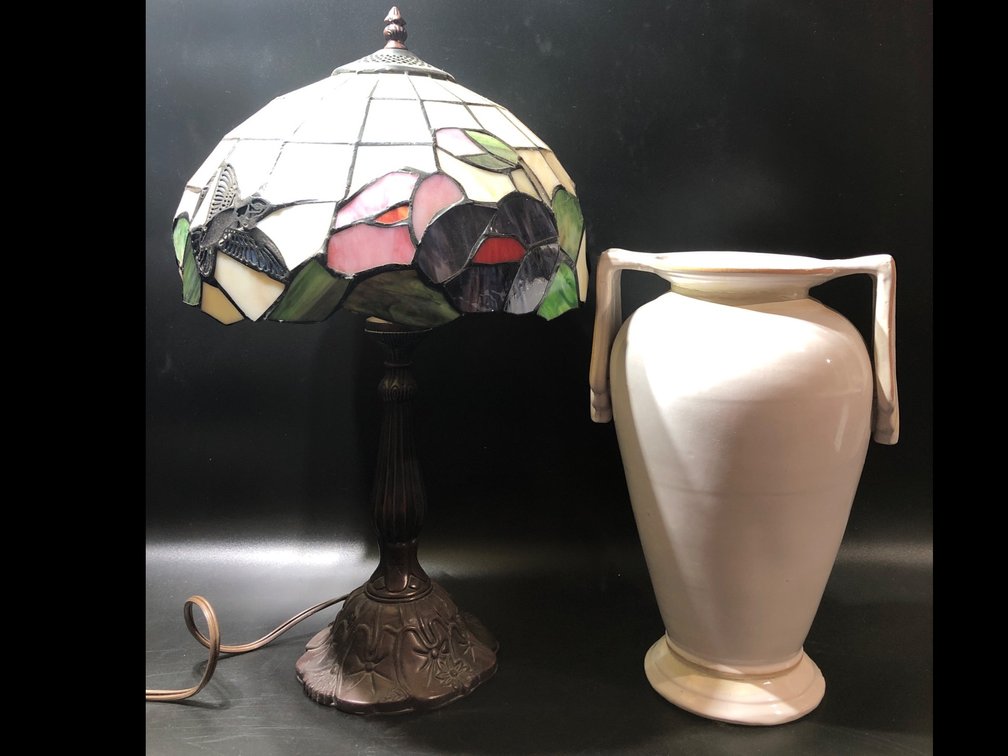 Stained Glass Looking Table Lamp and Ceramic Vase with Handles