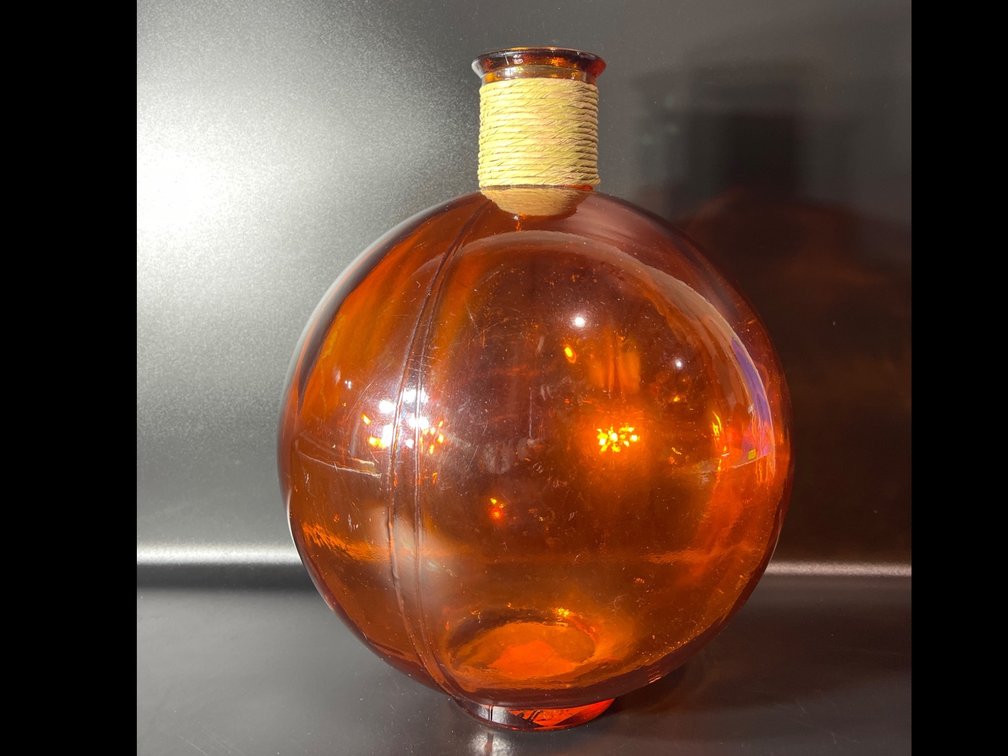 Amber Glass Round Bottle with Rope Accent, Approximately 18 Inches Tall
