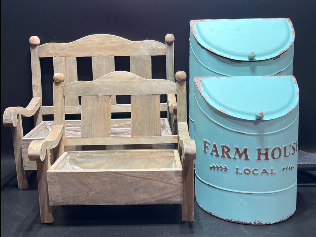 Two Miniature Wooden Benches and Two Farmhouse-Style Metal Containers