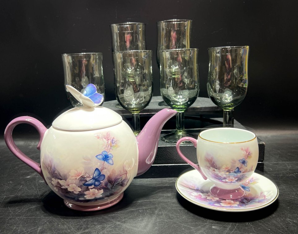 Lena Liu Blossoms and Butterflies Tea Set with Six Stemmed Glasses