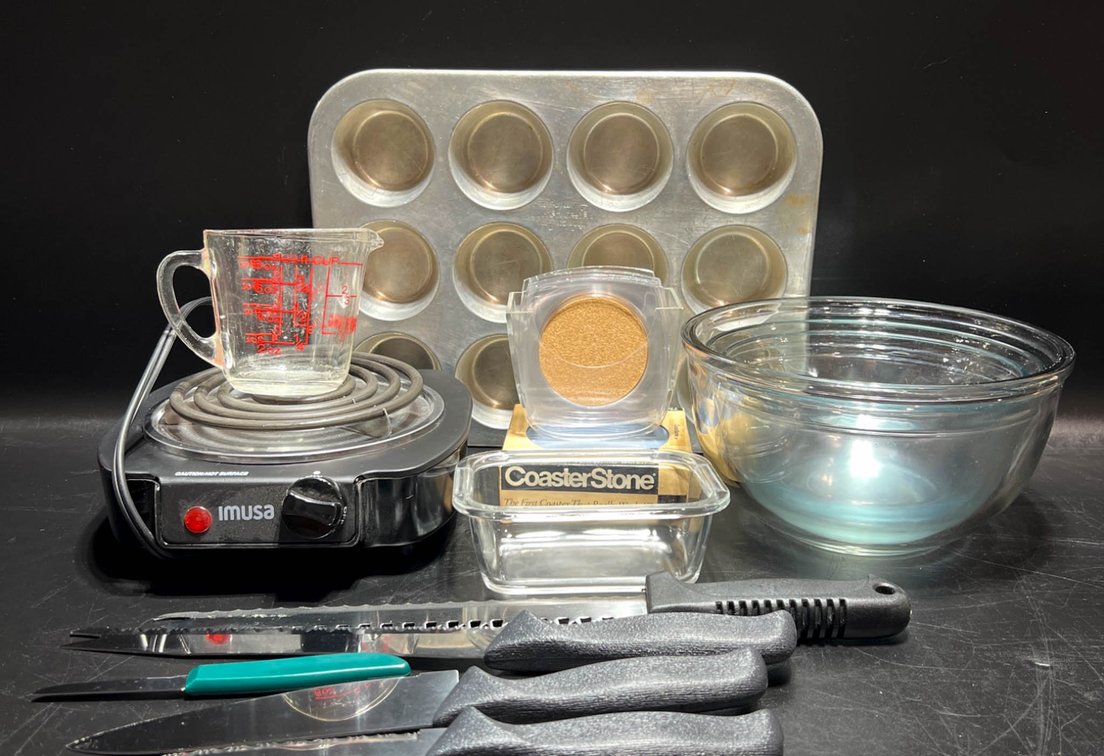 Kitchen Tool and Utensil Lot Including Imusa Burner, Glass Bowls, Knives, and More