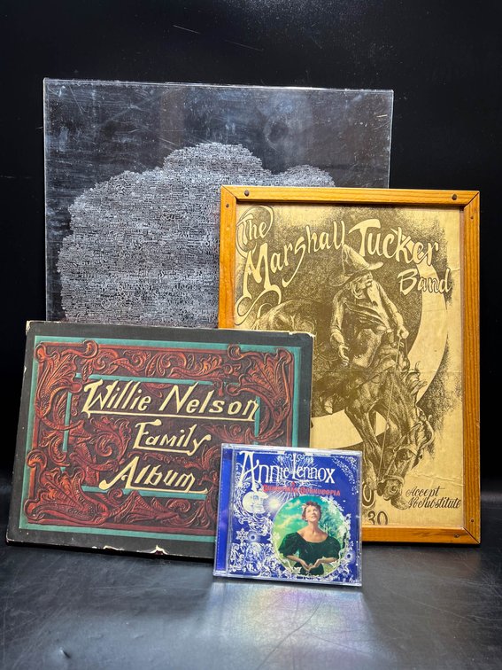 Music and Art Items Including Framed Poster, Etched Acrylic Artwork, CD, and Willie Nelson Album Book