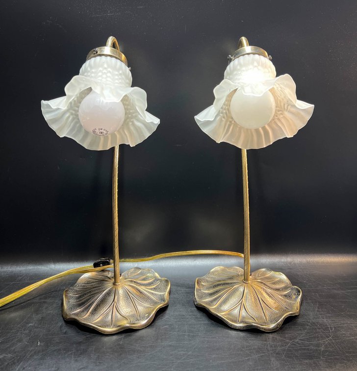 Brass Table Lamps with Ruffled Glass Shades