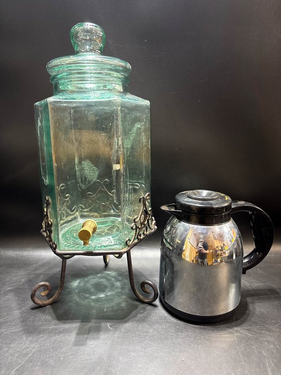 Glass Beverage Dispenser with Stand and Metal Thermal Carafe