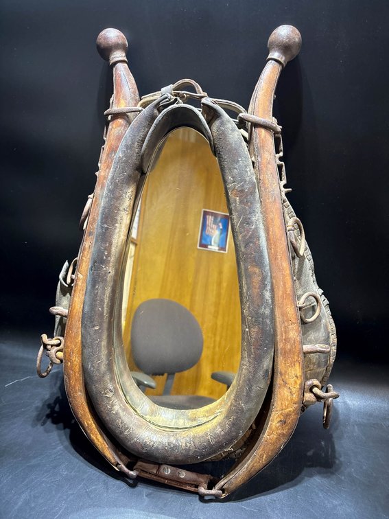 Horse Collar Mirror With Wooden Frame and Metal Hardware