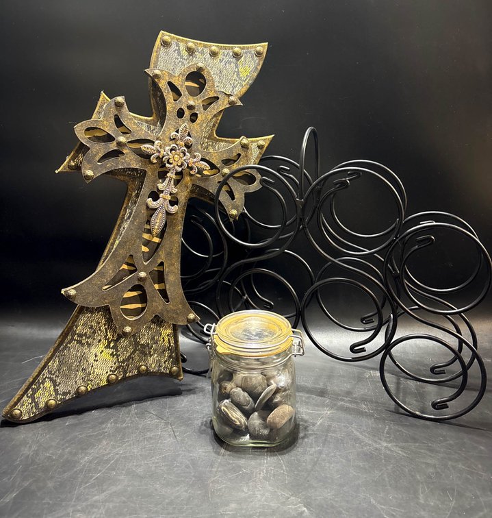 Decorative Cross, Metal Wine Rack, and Glass Jar with Stones Set